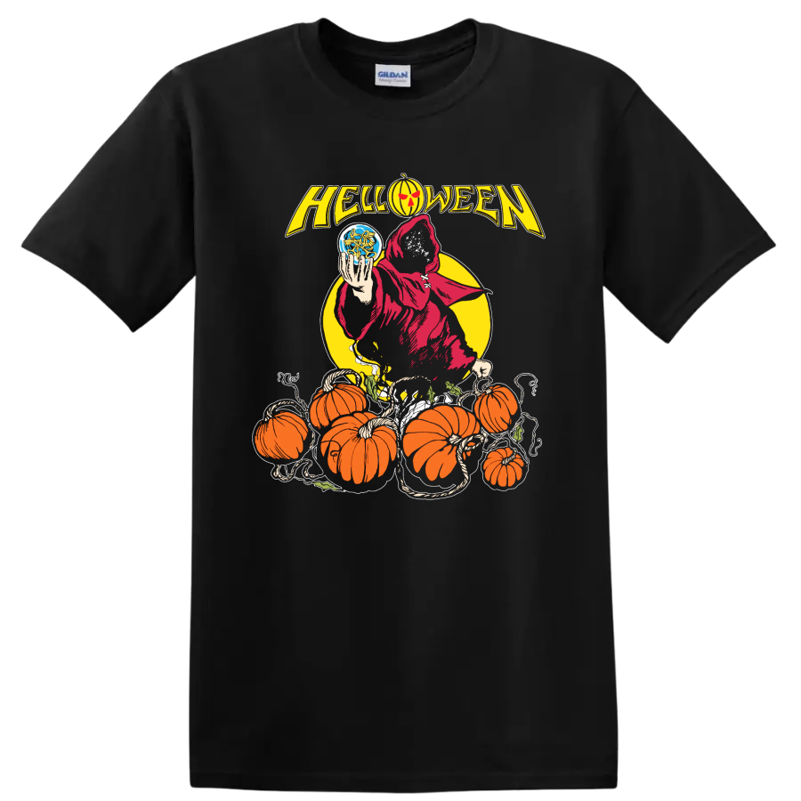 Helloween Halloween metal graphic with hooded reaper and pumpkins T - Black