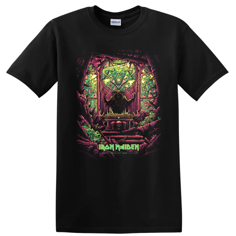 Iron Maiden heavy metal artwork with horned demon figure and vivid stained-glass style graphic print T - Black