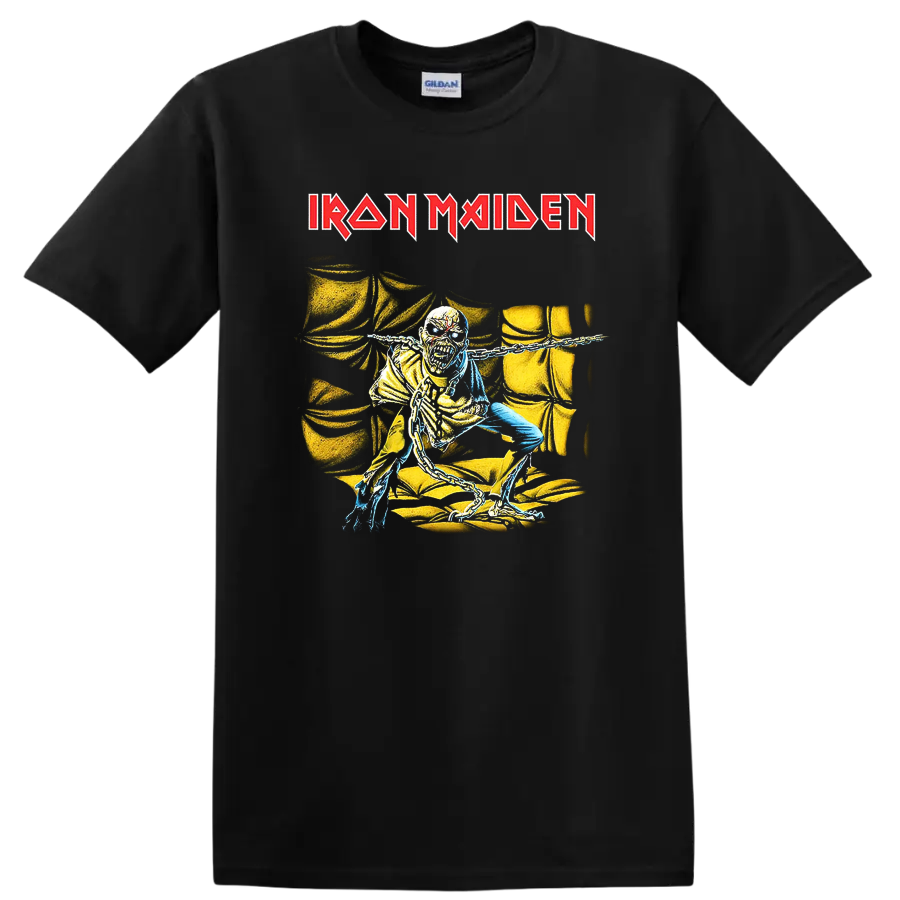 IRON MAIDEN logo with chained skull figure graphic on black - Black