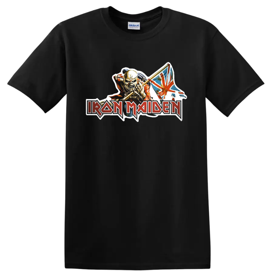Iron Maiden rock metal logo with fierce mascot and Union Jack graphic on T - Black