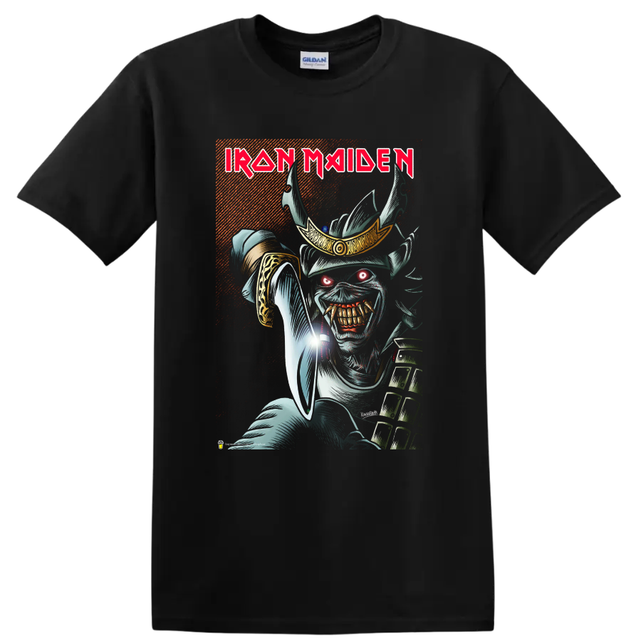 Iron Maiden text with fierce skull warrior metal graphic on a T - Black