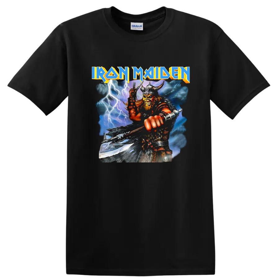 Iron Maiden text with horned warrior and lightning heavy metal graphic print - Black