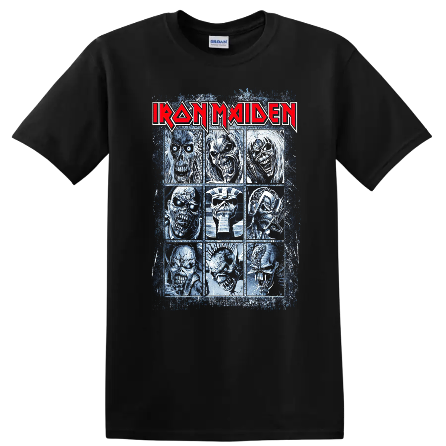 IRON MAIDEN logo with a collage of fierce undead character portraits graphic print - Black