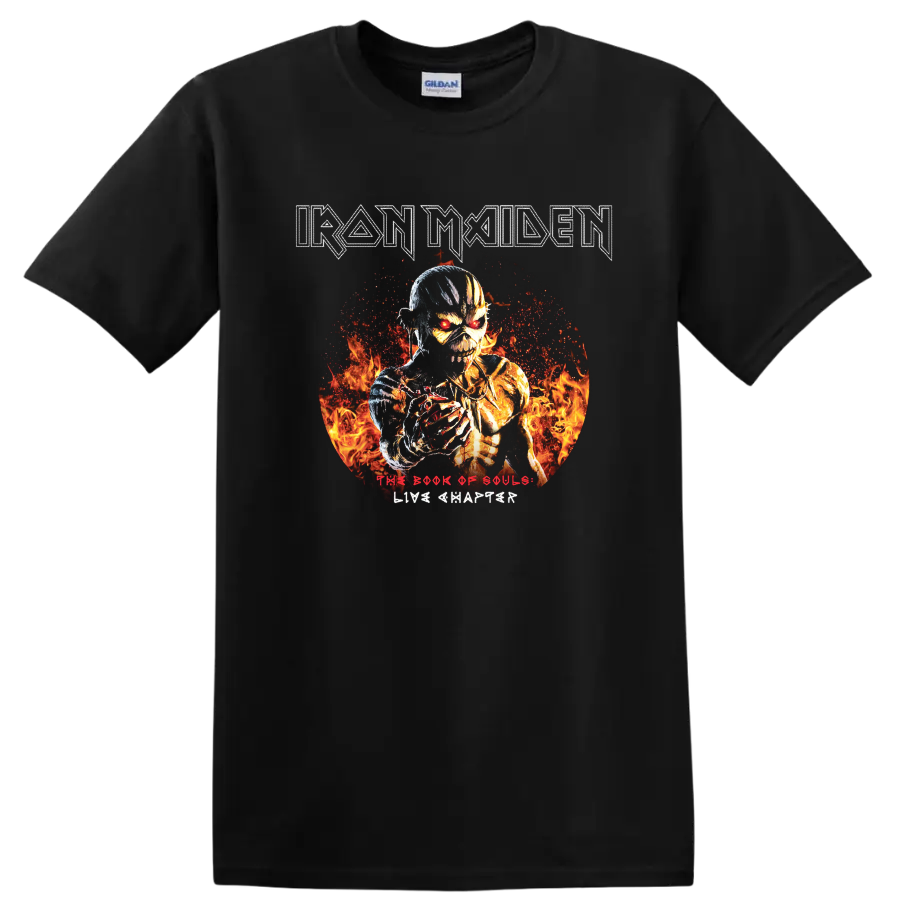 Iron Maiden text with fiery skeleton warrior and The Book of Souls Live Chapter graphic print T - Black