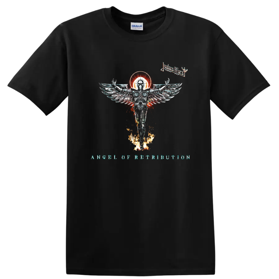 Judas Priest Angel of Retribution artwork with winged figure, fire, and band - Black