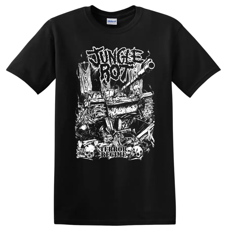 Jungle Rot horror metal graphic with skulls and distressed text on a T - Black