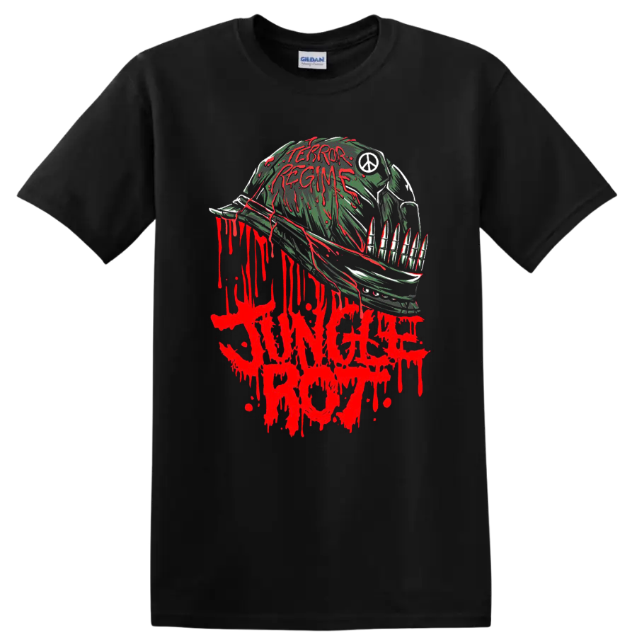 Jungle Rot Terror Regime horror metal graphic print with dripping helmet artwork T - Black