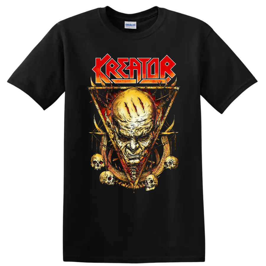 KREATOR rock metal skull graphic print T shirt with fiery aggressive band - Black