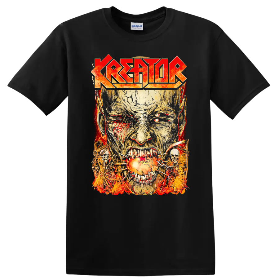 KREATOR logo with fiery skull face and chains graphic print - Black