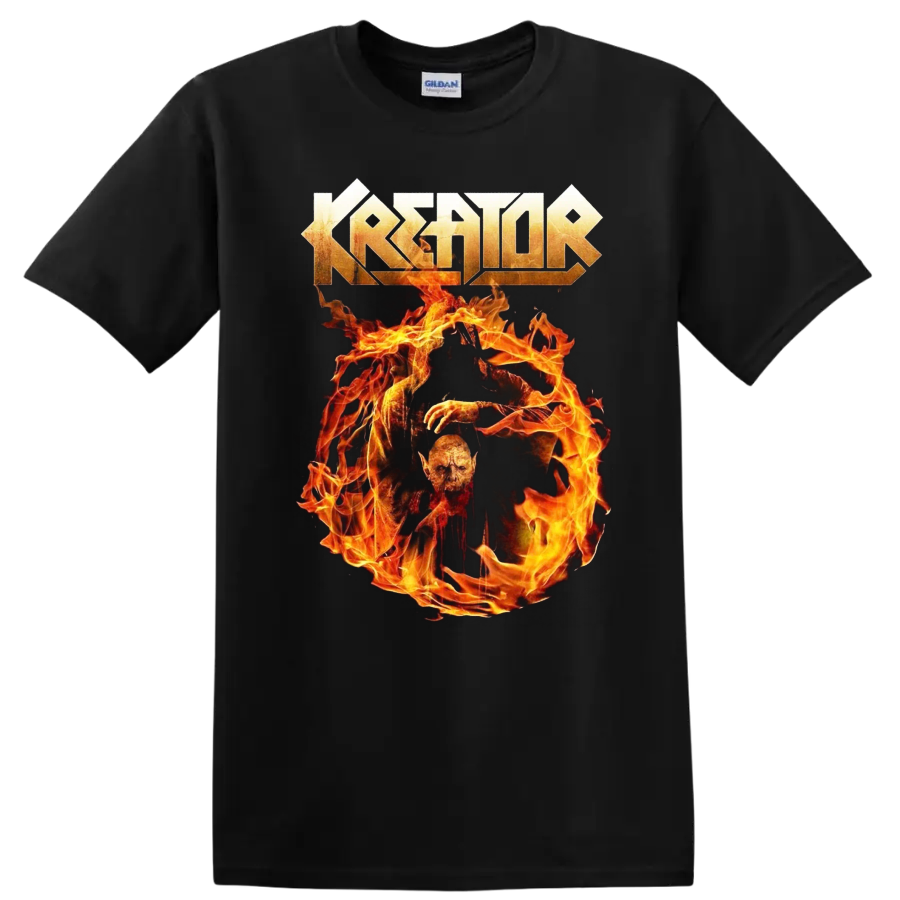 Kreator logo above a flaming skull graphic on a black T - Black