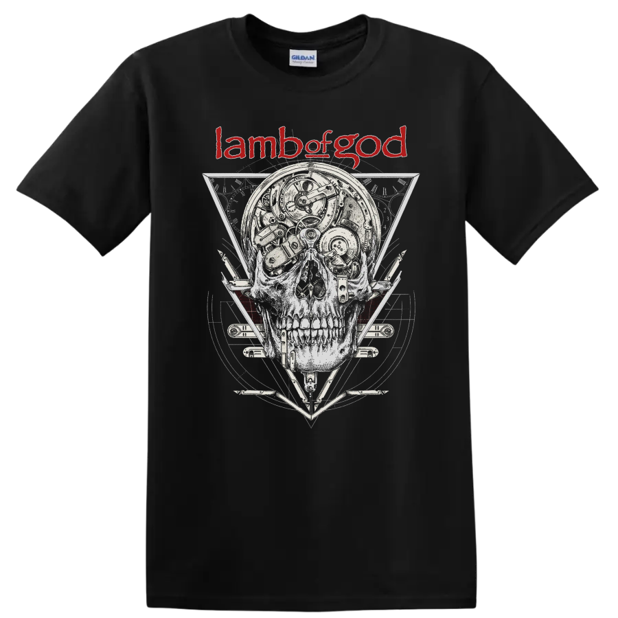 Lamb of God skull graphic with mechanical details and red logo on - Black