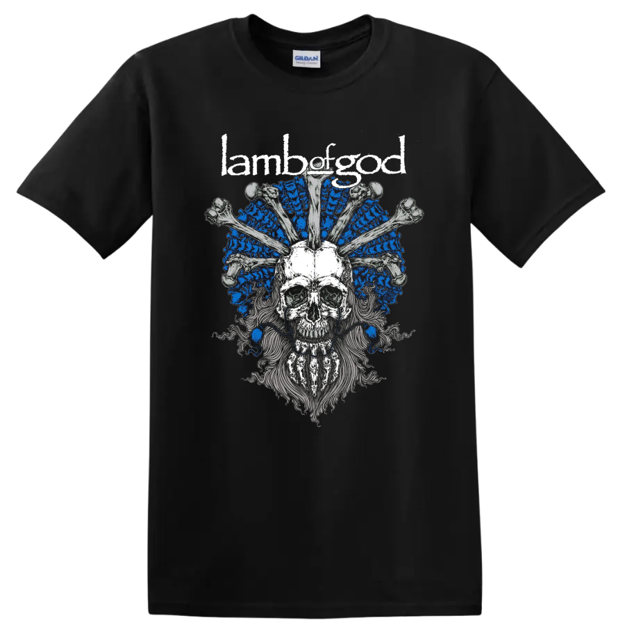 Lamb of God skull and bones graphic print T shirt with blue and gray metal - Black