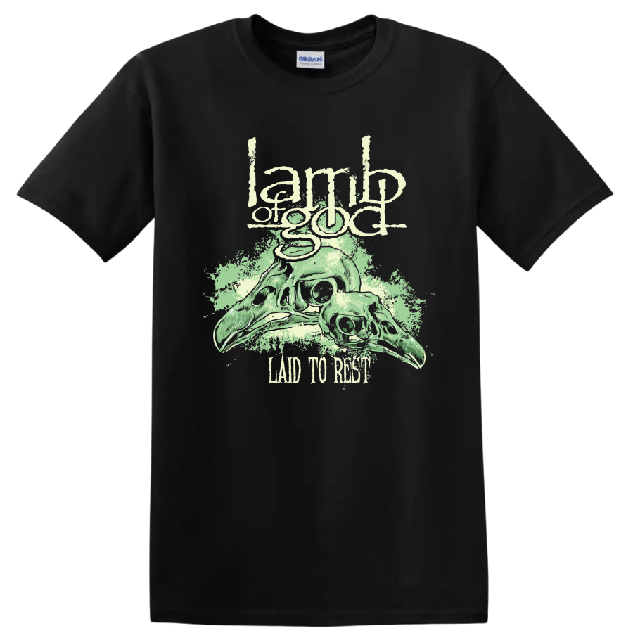 Lamb of God skull graphic with distressed rock metal text on a - Black