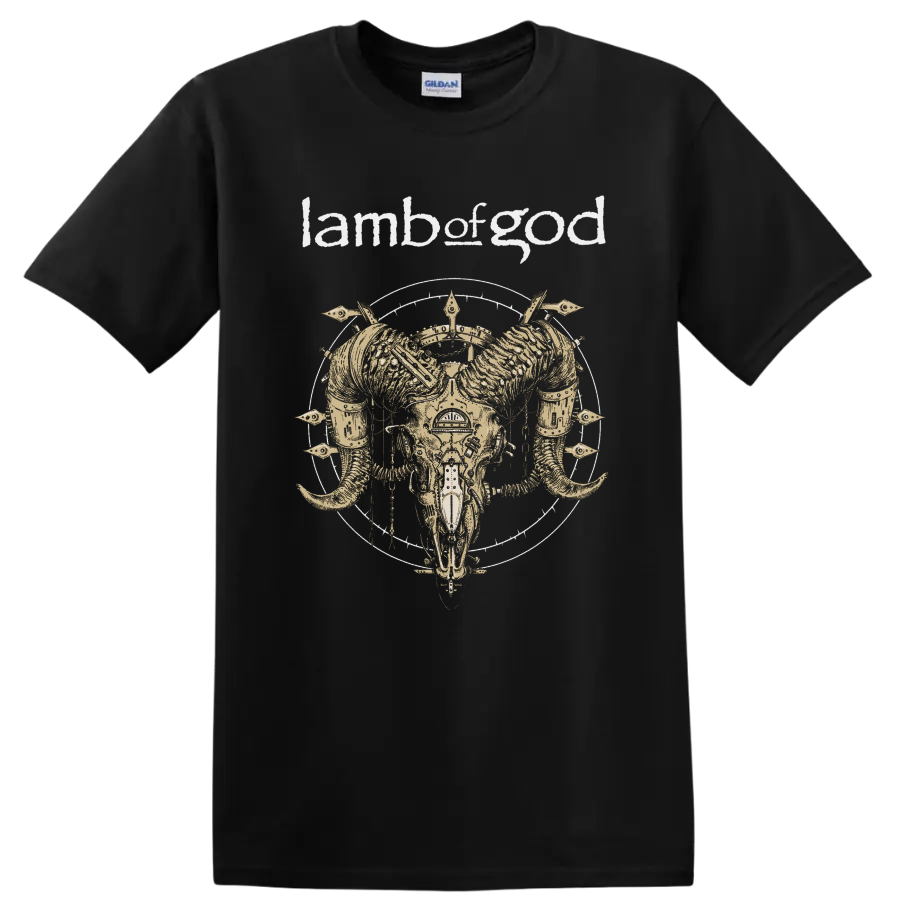 Lamb of God text with horned skull heavy metal graphic print on T - Black