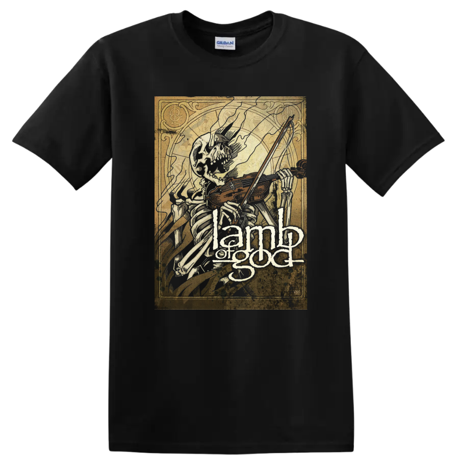 Skeleton playing violin with Lamb of God text in distressed dark metal graphic - Black