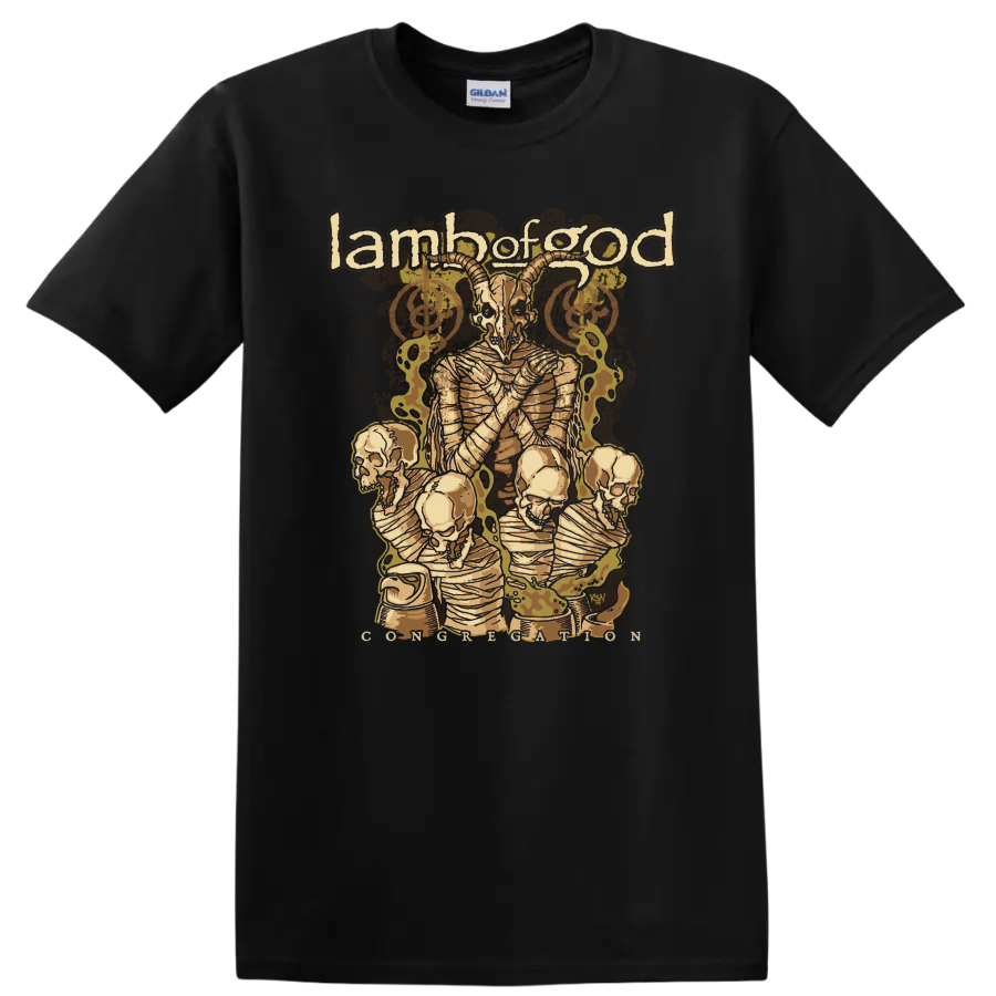 Lamb of God graphic print with horned demon, skulls, and distressed metal artwork on T - Black