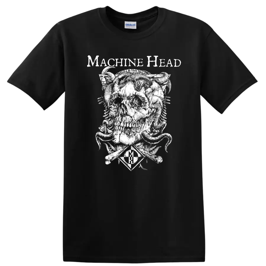 Machine Head skull graphic with mechanical details and band name text on a black - Black