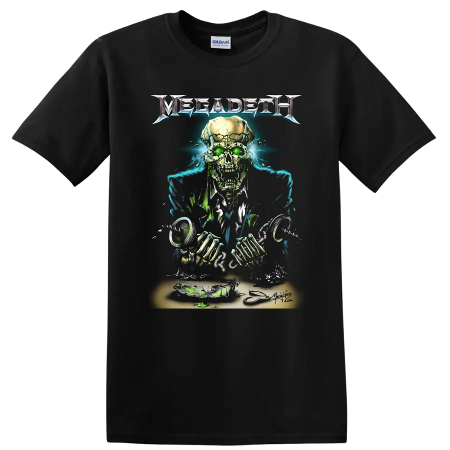 Megadeth skull with glowing green eyes and electric metal artwork on a T - Black
