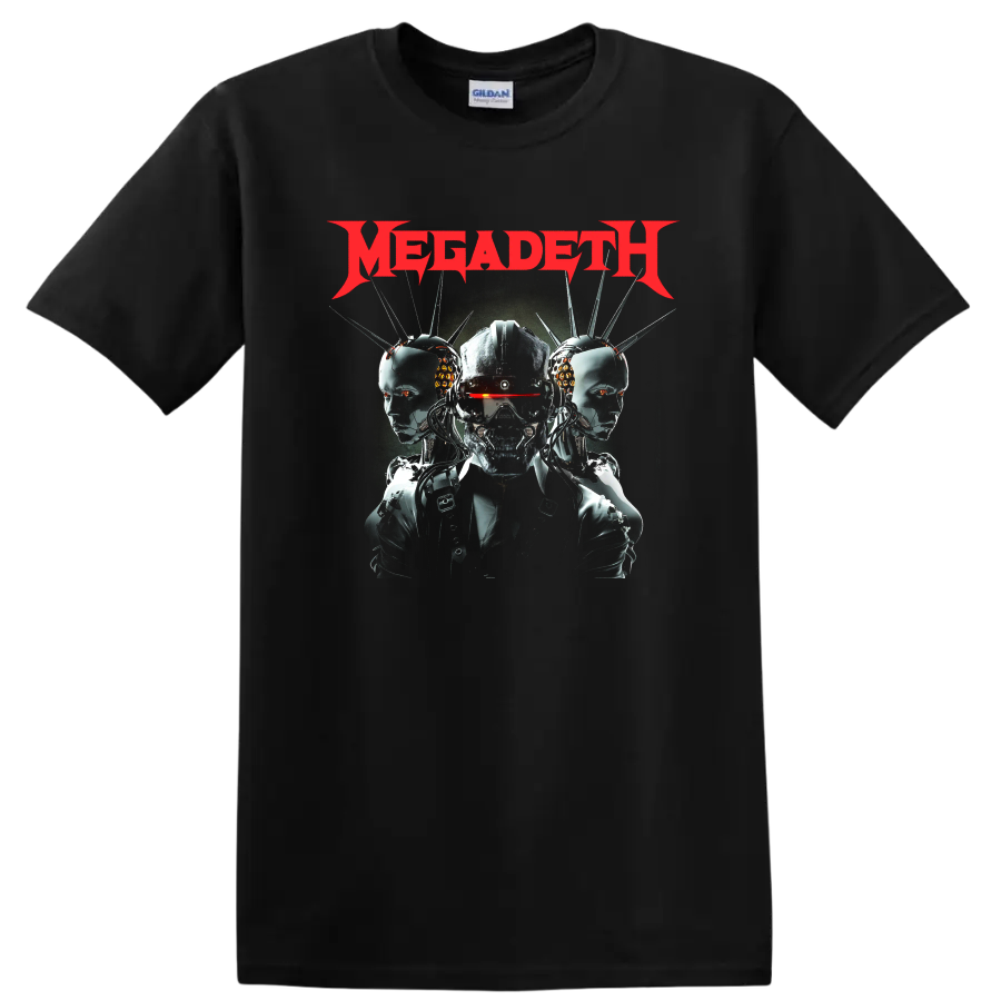 Megadeth red logo with cyber skull and robotic heads graphic on black T - Black