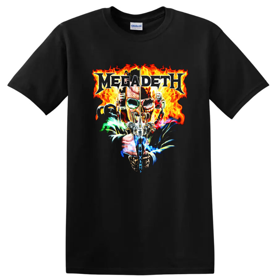 Megadeth flaming skull metal graphic T shirt with fiery flames and bold rock - Black