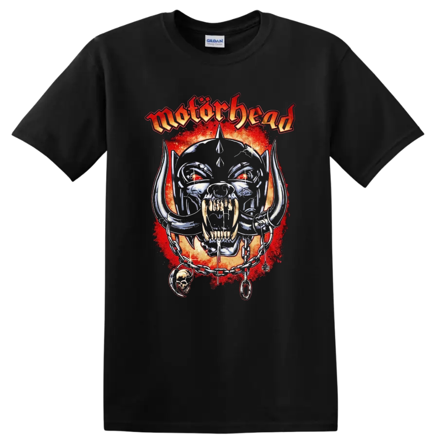 Motorhead skull graphic print T shirt with fiery red background and chain - Black
