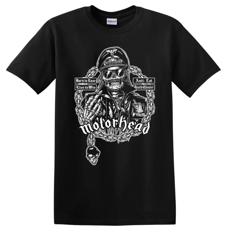 Motorhead skull graphic print T shirt with chains and rock metal - Black