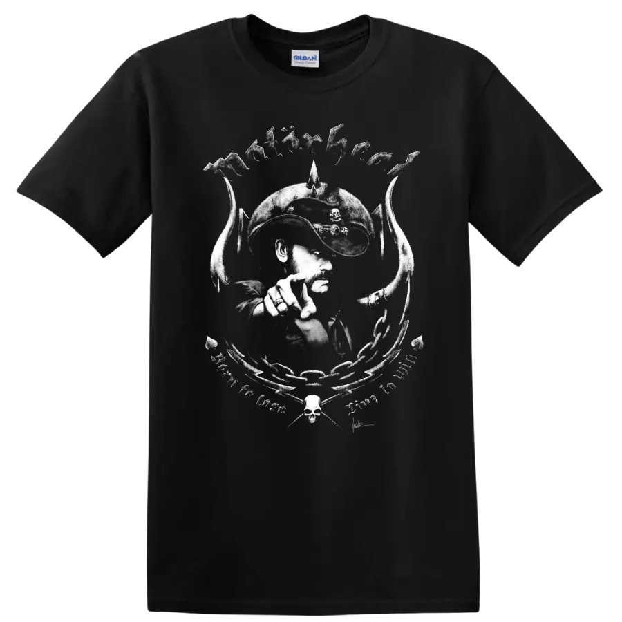Black-and-white MOTORHEAD rock metal skull graphic T shirt with cowboy portrait and - Black
