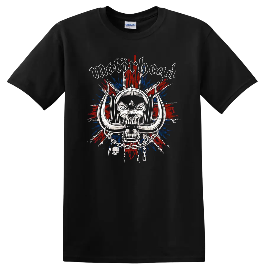 Motorhead skull graphic with gothic lettering and red blue burst on black T - Black