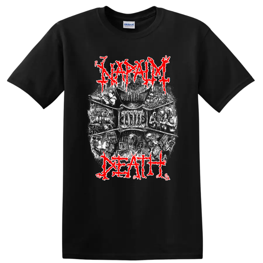 Napalm Death distressed red logo over gritty monochrome metal artwork on T - Black