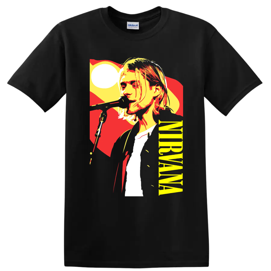 Nirvana-inspired rock portrait graphic print T shirt in red, yellow, black, and - Black