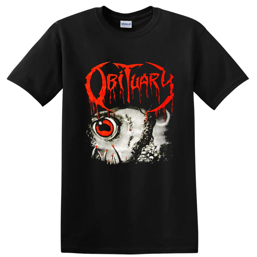 Obituary red dripping logo over skull artwork on black - Black