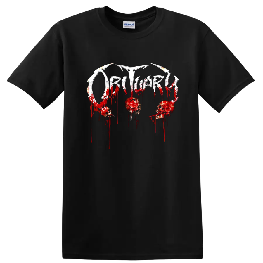 Obituary death metal logo with blood drips and skulls graphic print T - Black