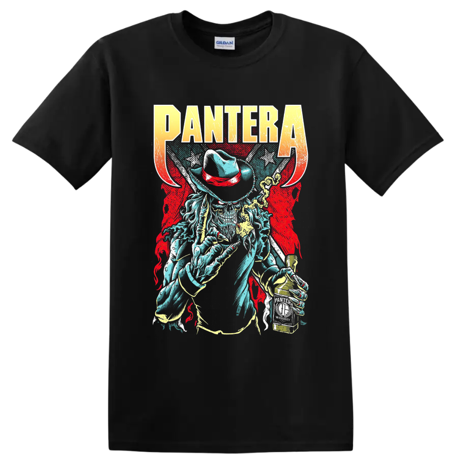PANTERA graphic T shirt with cowboy skull, distressed lettering, and vintage rock metal - Black