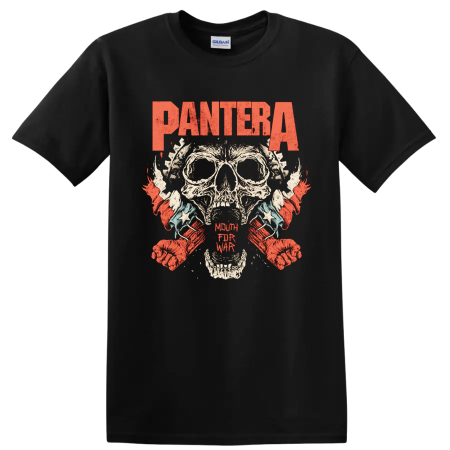 Pantera skull graphic print with distressed red heavy metal lettering T - Black