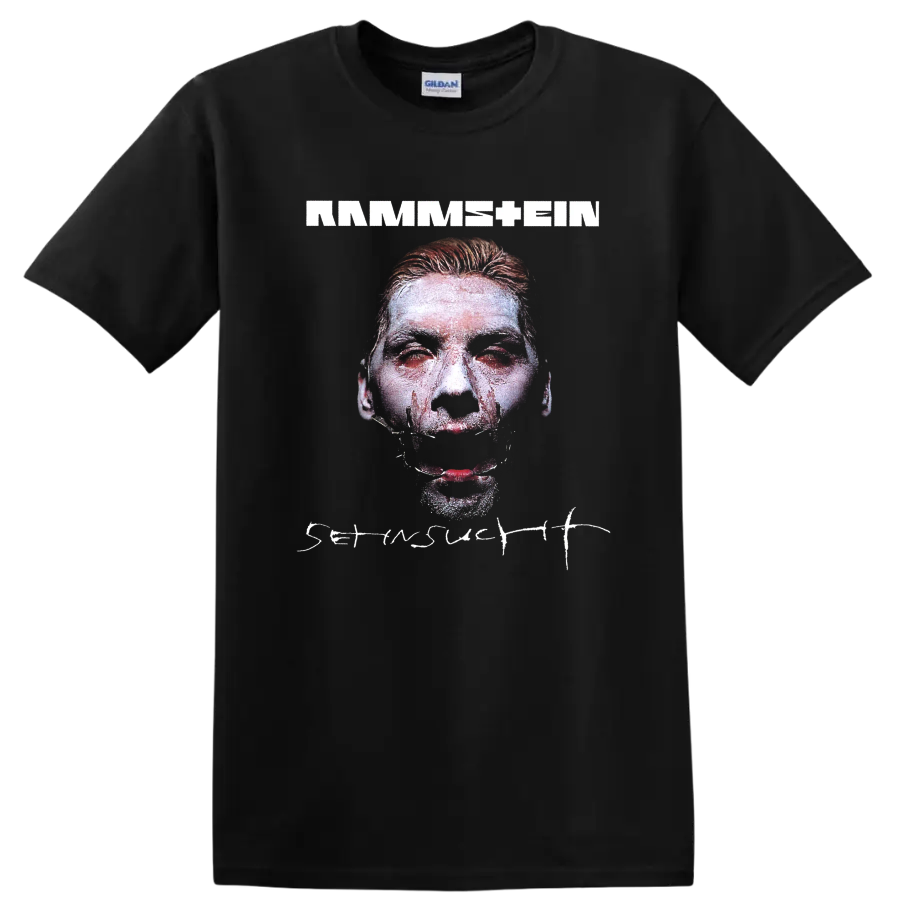 Rammstein rock metal graphic print T shirt with bold portrait and dark - Black