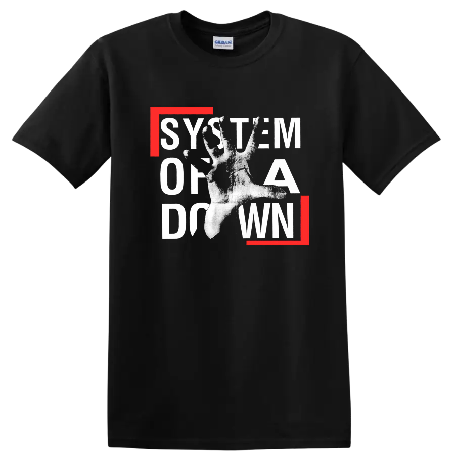 System of a Down graphic print with distressed text and hand on black T - Black