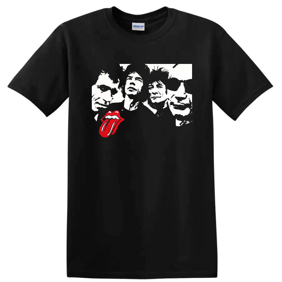 The Rolling Stones graphic tee with black and white faces and red tongue - Black