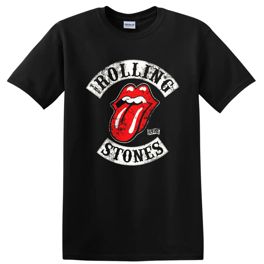 Distressed Rolling Stones tongue logo graphic print T shirt on a Black T Shirt