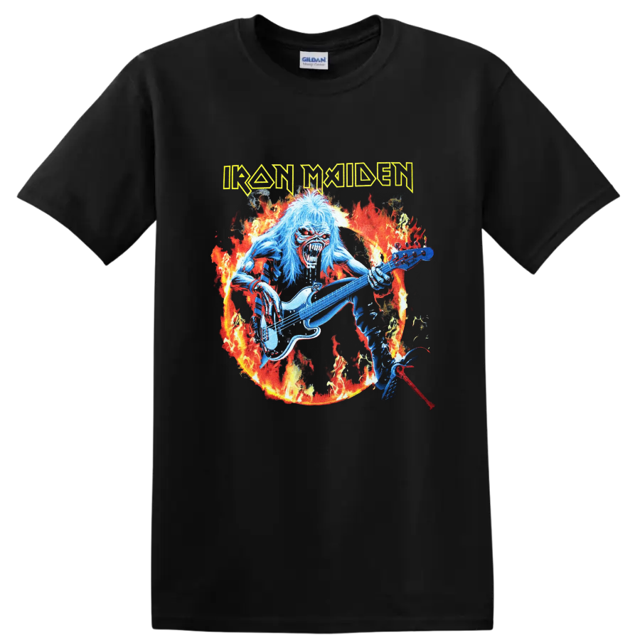 Iron Maiden Eddie guitarist in flames with distressed band logo artwork on a Black T Shirt
