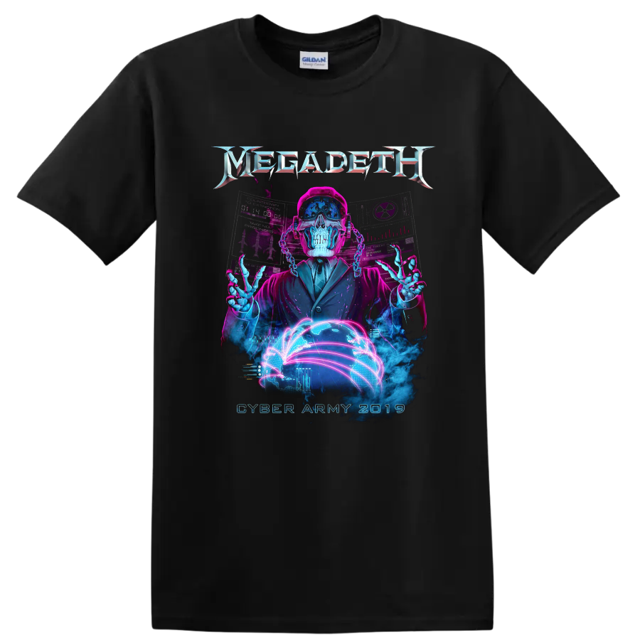 Vic Rattlehead Cyber Army neon cyberpunk skull with digital globe and Megadeth logo on a Black T Shirt