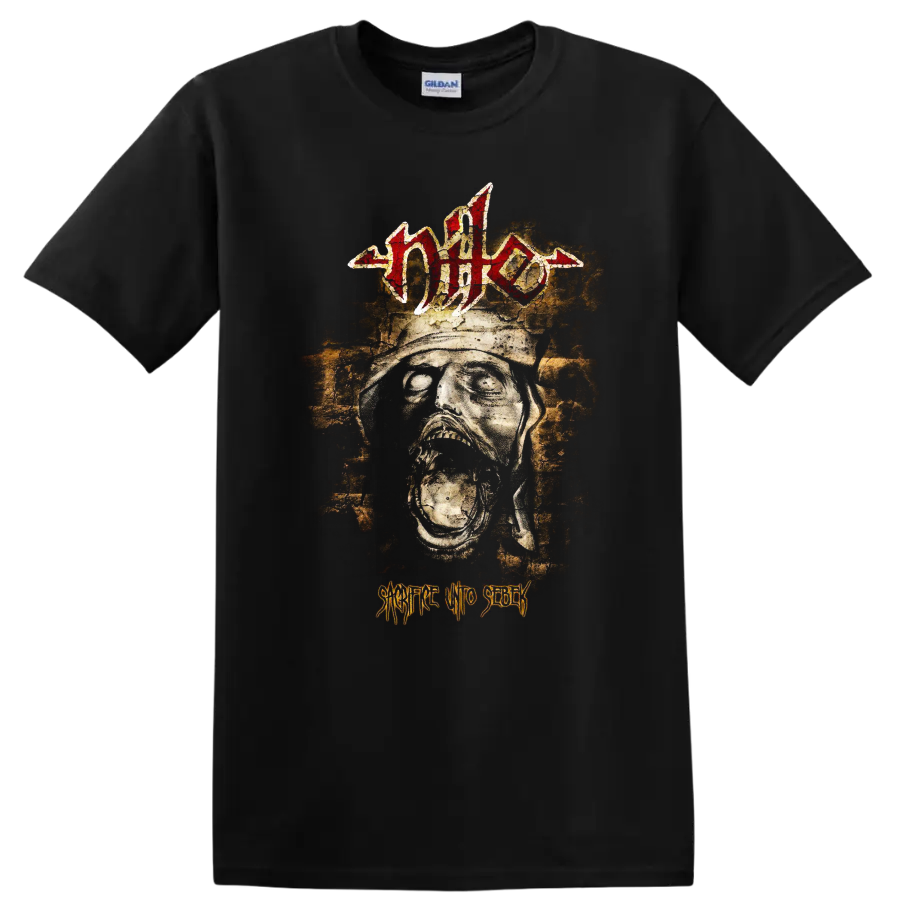 Nile logo above distressed skull artwork with Sacrifice Unto Sebek text on a Black T Shirt