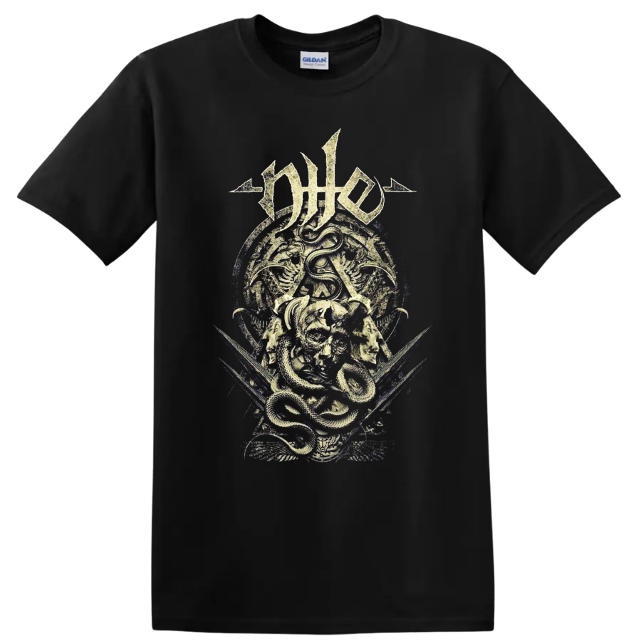 Nile death metal logo above a coiled snake, skull, and ancient Egyptian-style artwork on a Black T Shirt