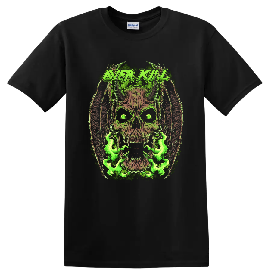 Overkill Chaly horned skull artwork with neon green smoke and distressed metal logo on a Black T Shirt