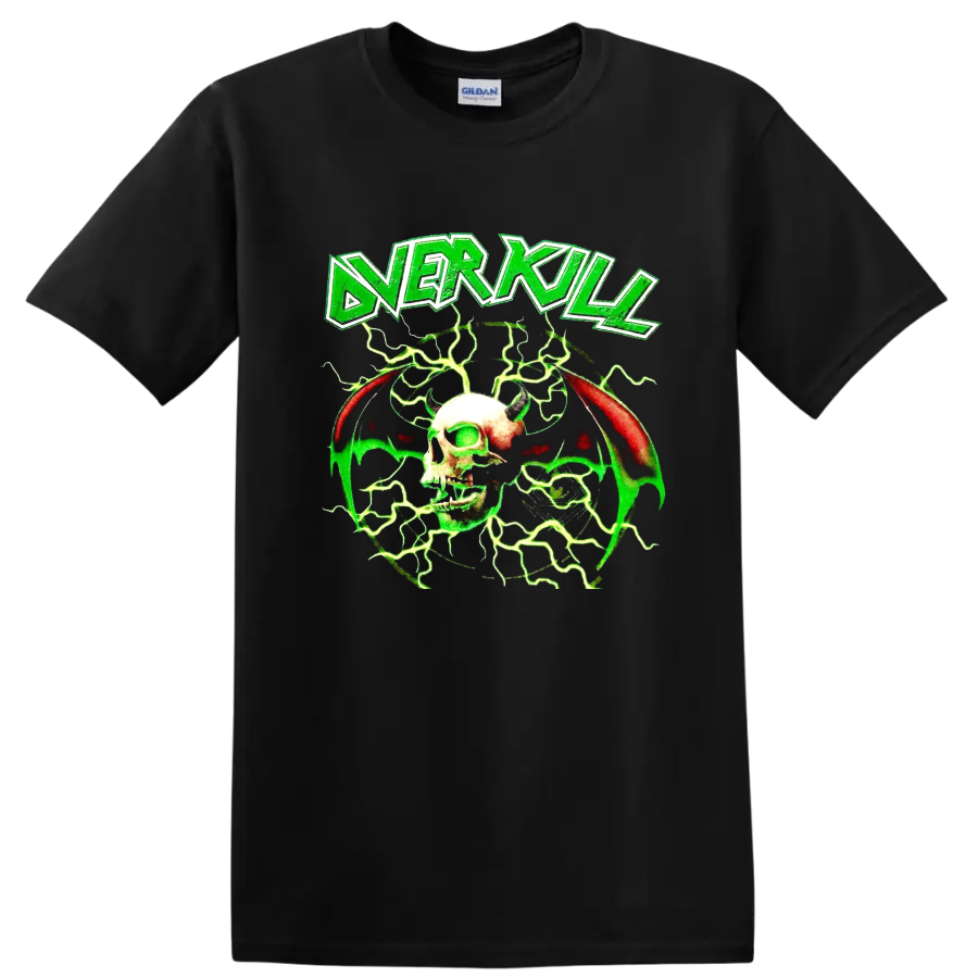 Overkill logo with horned skull, bat wings, and neon green lightning graphic on a Black T Shirt