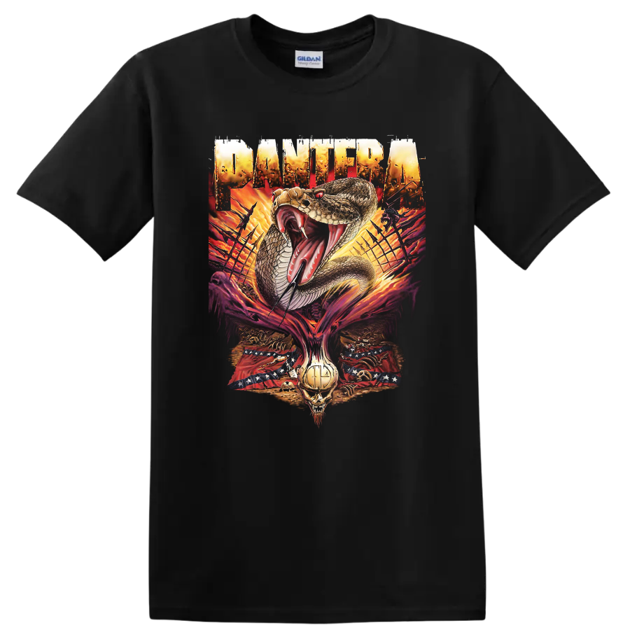 Pantera cobra, flames, skull, barbed wire, and distressed metal artwork on a Black T Shirt