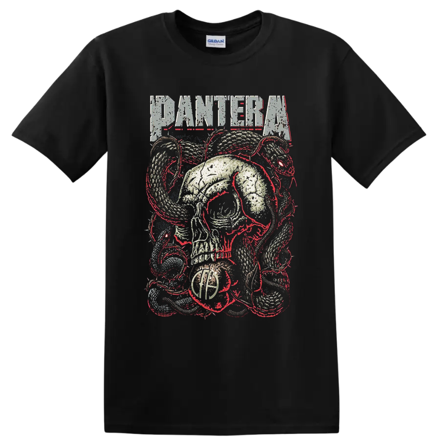 Pantera distressed skull and coiled snake heavy metal graphic with red accents on a Black T Shirt