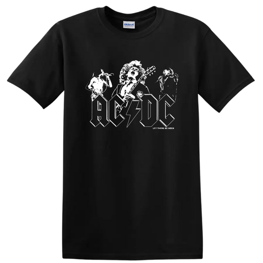 AC/DC Angus Young guitarist artwork with lightning logo and Let There Be Rock text on a Black T Shirt