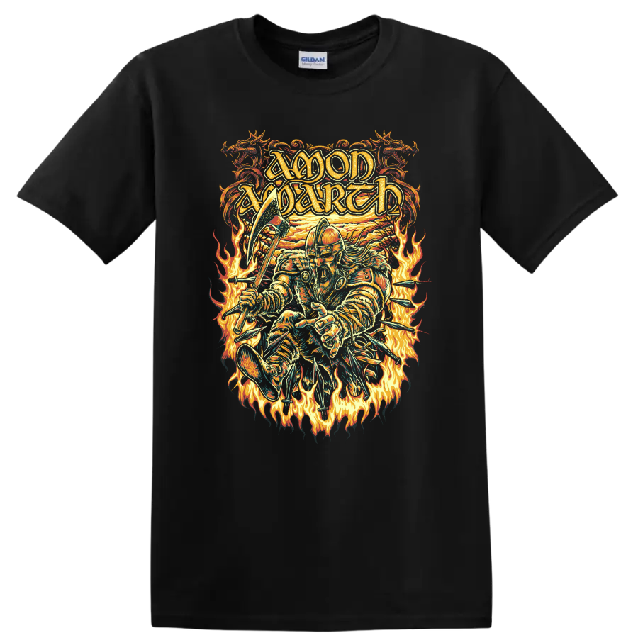 Amon Amarth Viking warrior with axe, arrows, and flames in ornate metal art on a Black T Shirt