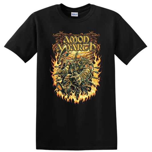 Amon Amarth Viking warrior with axe, arrows, and flames in ornate metal art on a Black T Shirt