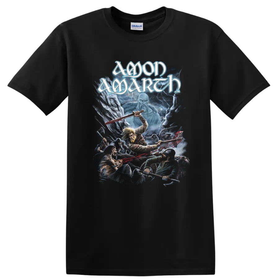 Amon Amarth logo above a lightning-lit Viking battle with Norse warriors on a Black T Shirt
